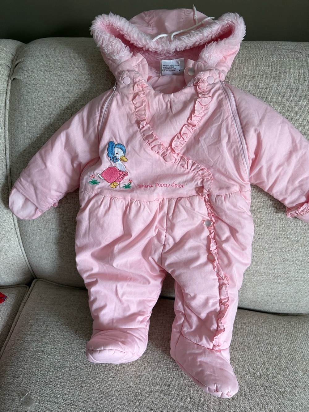 Beatrix Potter Pink Hooded Baby One-Piece Snowsuit Side Zipper/ Embroidered Duck